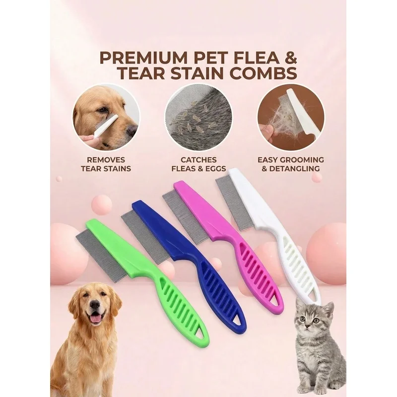 Flea Comb Fine Tooth Pet Tear Stain - 犬と猫の目の周りや顔の毛の汚れ、フケを取り除くための、細かい歯のステンレス製ペット用抜け毛取りコーム。ペットのグルーミングツール。