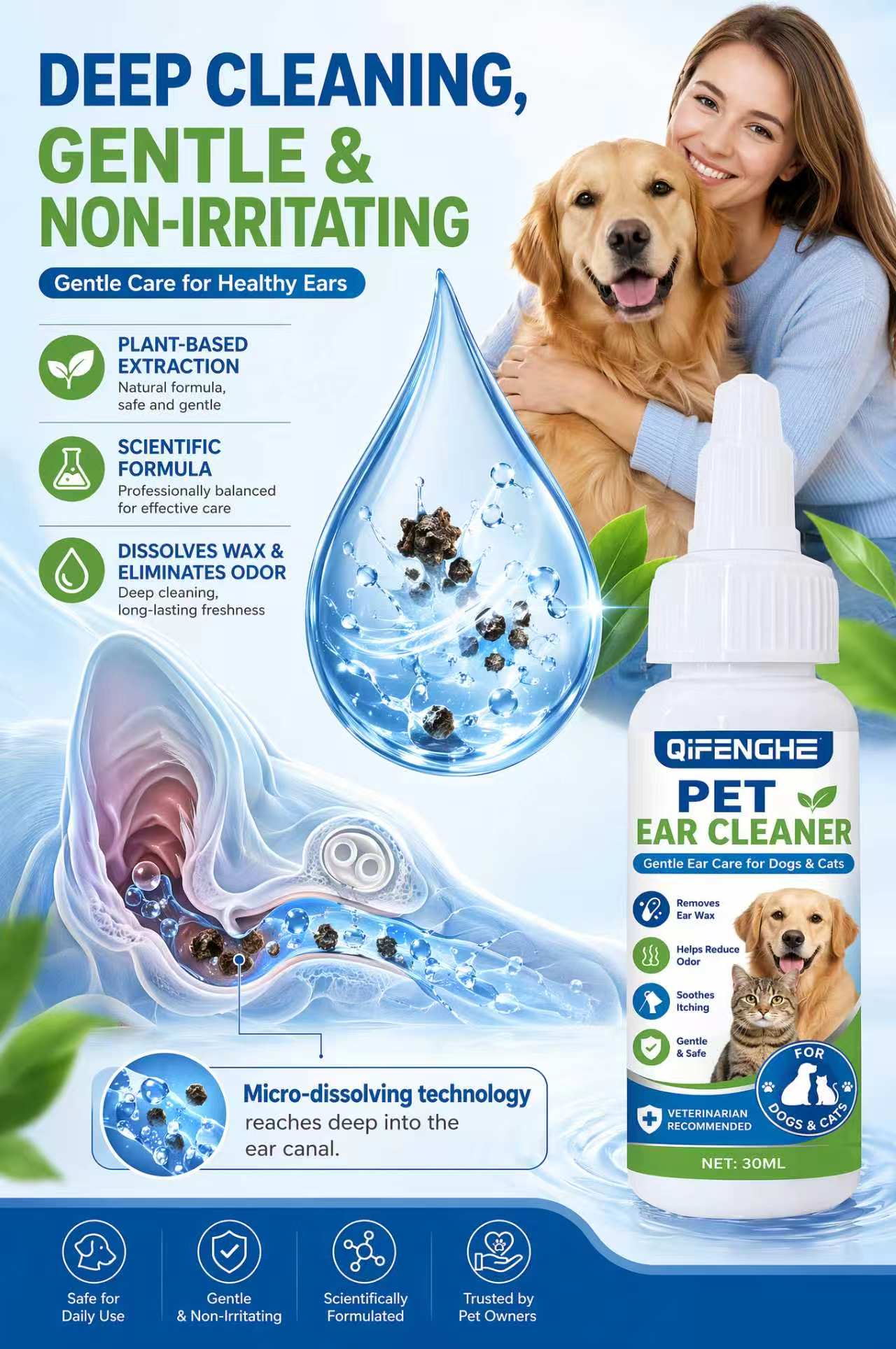 Dog Ear Cleaner Solution Drops Wash - 犬と猫用の30mlペット耳洗浄液、穏やかな耳洗浄剤で耳垢を除去し、臭いを軽減し、かゆみを和らげ、毎日安全に使用可能