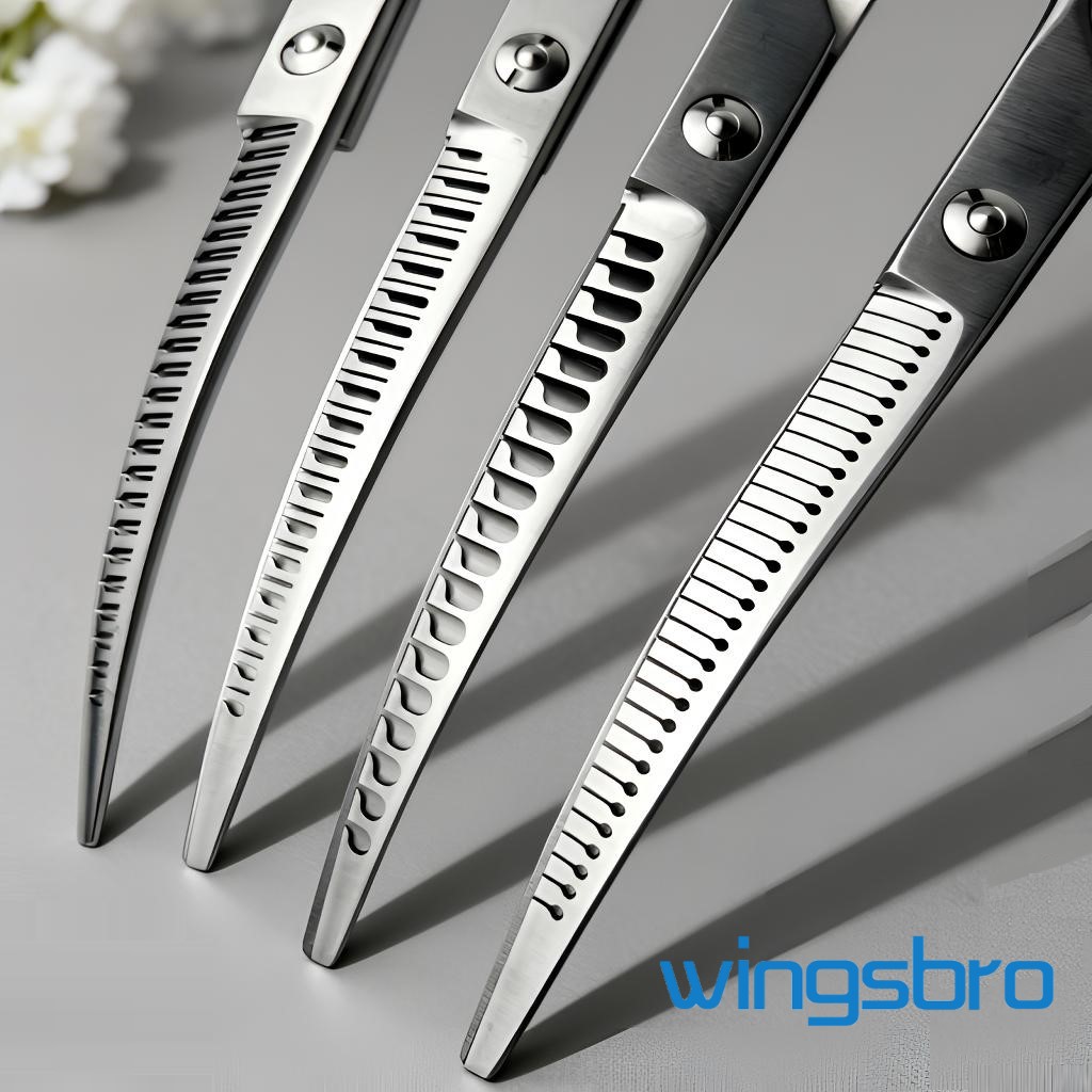 Professional Pet Grooming Scissors Curved - ウィングスブロ 8インチ犬用カーブドドレーミングシザー、新型ペット用カーブドシンニングシザー、犬の毛刈り用カーブドシャークシザー