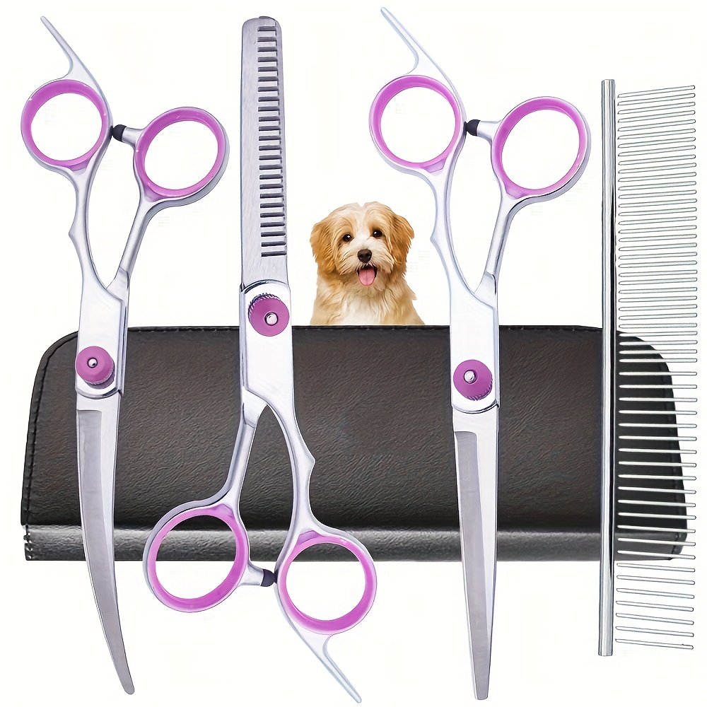 Professional Pet Grooming Scissors Curved - 5点セット プロ仕様 犬用グルーミングハサミセット ステンレス製 ペット用カーブシンニングシザーキット コームケース付き