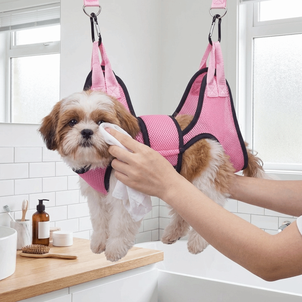 調整可能な犬用グルーミングハンモック。メッシュ素材で猫も安心 - Pet Grooming Hammock Sling Restraint のレビューと価格
